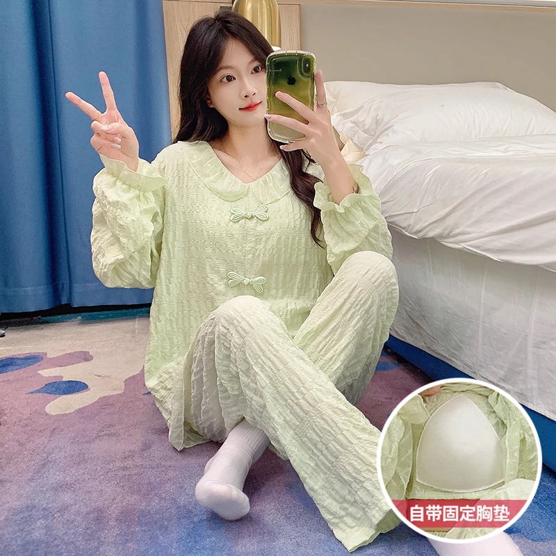 潮牌纯棉宽松长袖睡衣学生带胸垫云朵棉家居服套装女士甜美套装女