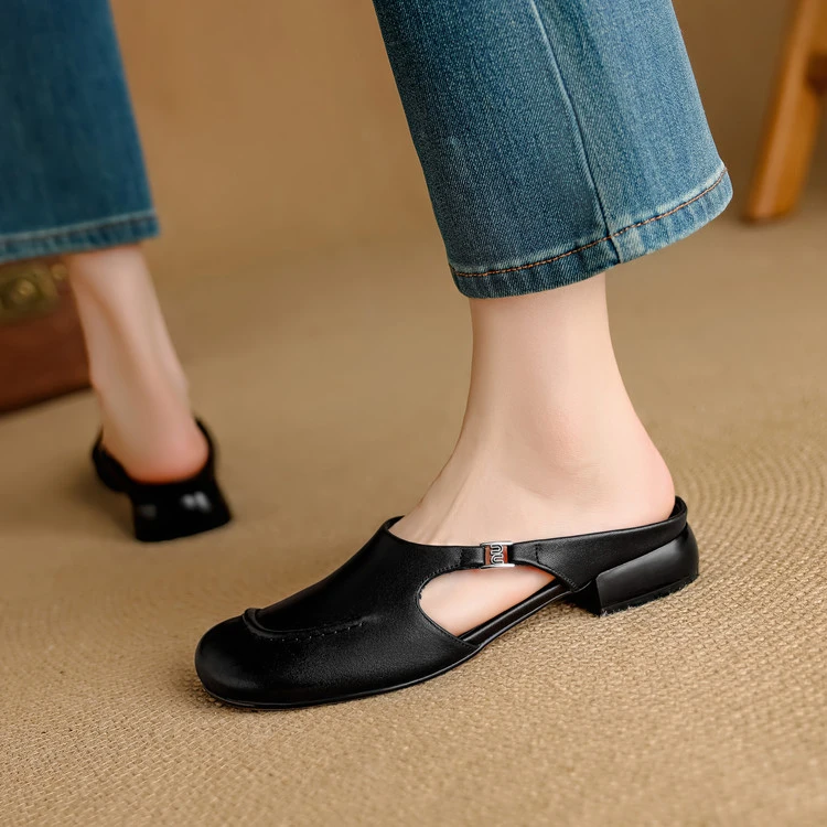 牛皮~2.5cm低跟粗跟夏季新款真皮外穿拖鞋包头半拖软底软面勃肯鞋