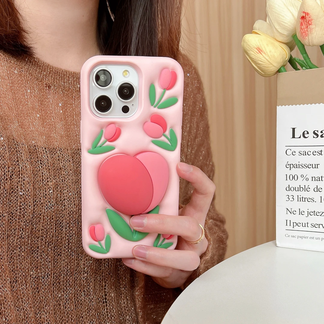 【苹果】卡通立体创意女款郁金香支架适用iPhone16解压软硅胶手机壳