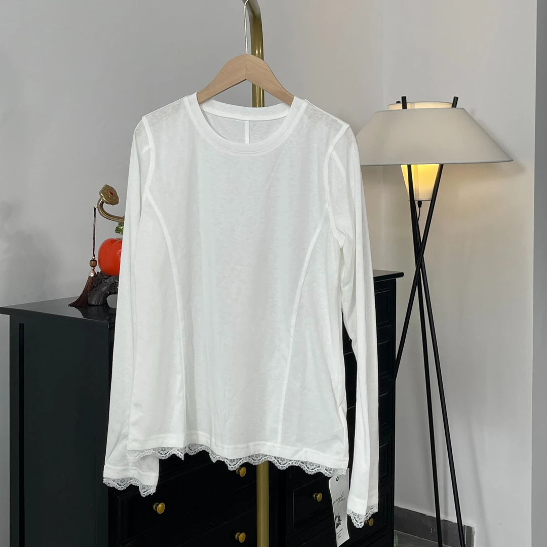 2025春季新品韩系拼接蕾丝花边长袖白色T恤打底女XZ25TX049
