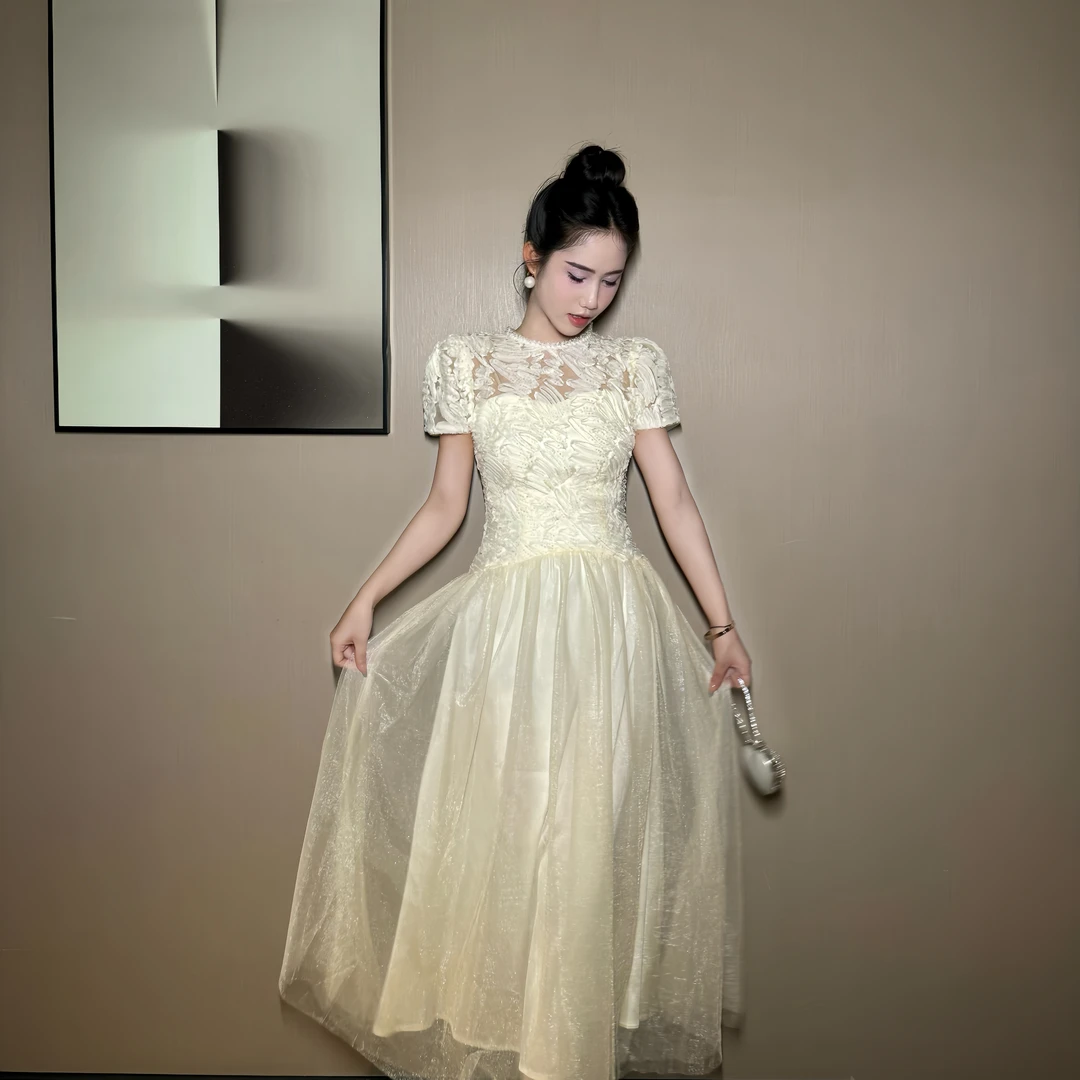 【时时原创】法式轻奢优雅主持人网纱拼接仙气宴会生日连衣裙15416