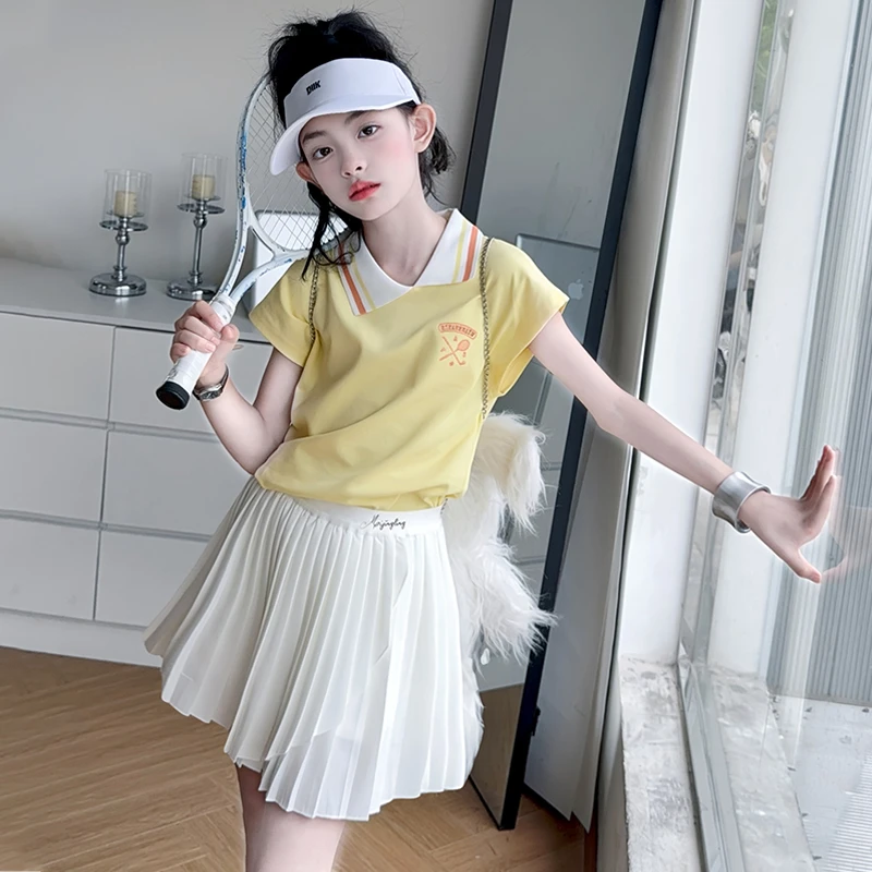 女童夏季套装2025新款夏季韩版时髦POLO衫百褶裙女童运动休闲潮款