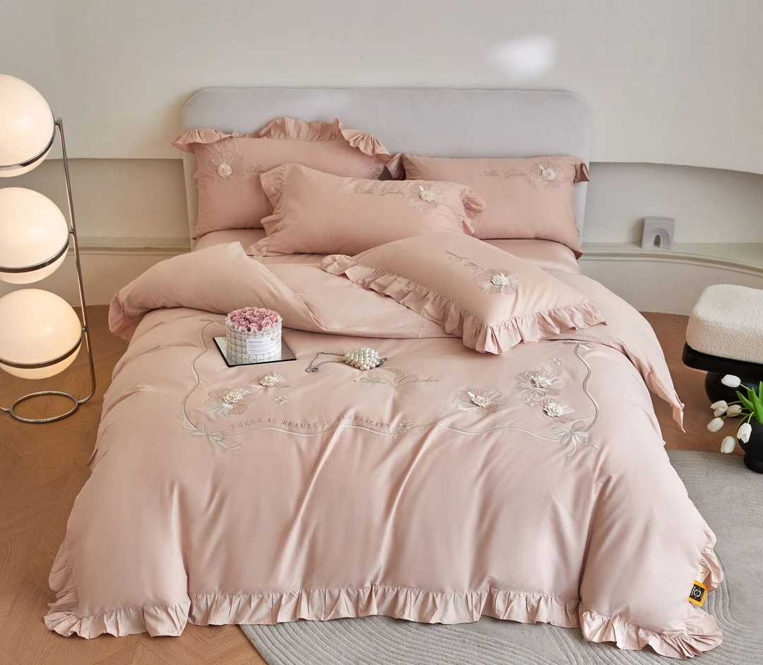 全棉纯棉磨毛韩版花边款绣花四件套手工花床裙款满绣套件（花夏）