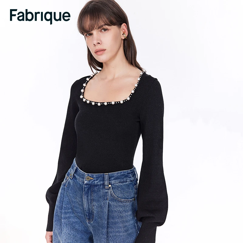 【达人专享】Fabrique珍珠方领天丝绵羊毛混纺针织套头衫