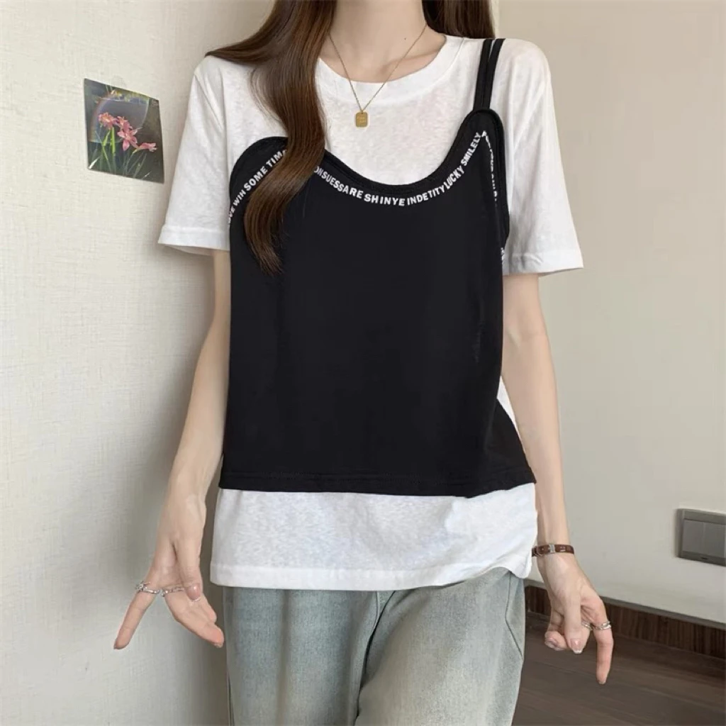 33338款2025夏新款设计感拼接马甲假两件T恤女修身显瘦上衣打底衫