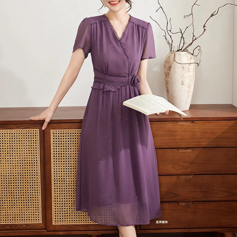 恒源祥彩羊妈妈装夏季40到45岁高档连衣裙中老年女高档中长款裙子