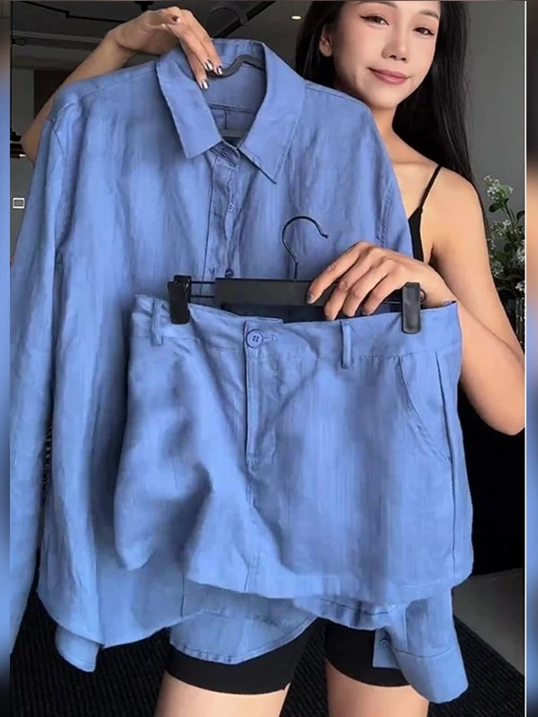 轻奢百搭时髦蓝色衬衫短裙两件套装2025年夏季新款时尚潮流穿搭女