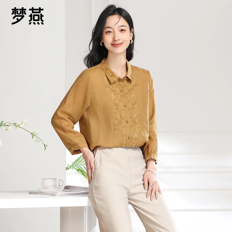 梦燕春秋女款休闲妈妈装百搭时尚衬衣宽松翻领上衣小衫AA04B5026