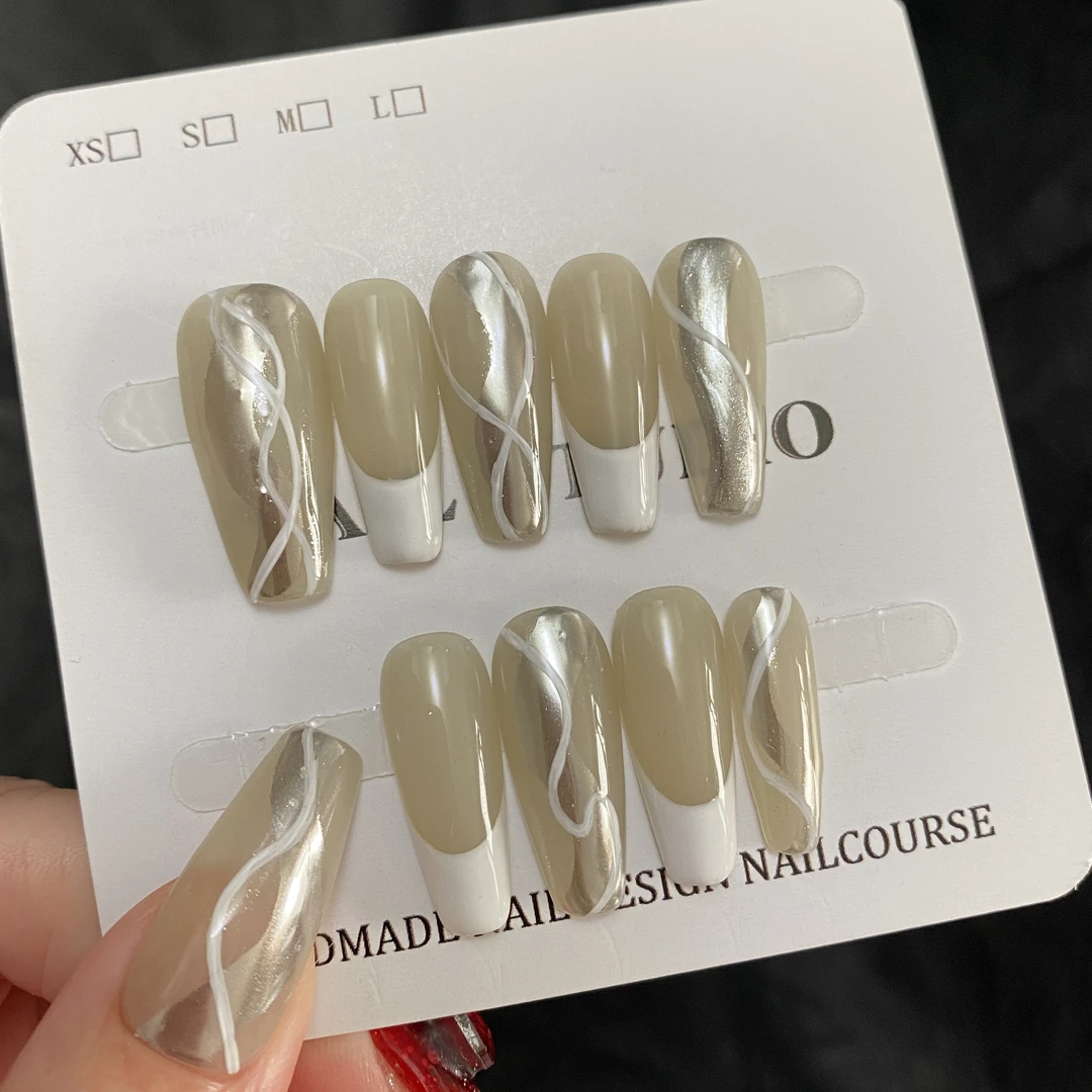 两副包邮0067现货纯手工穿戴甲 线条法式 气质夏季简约夏日穿戴式