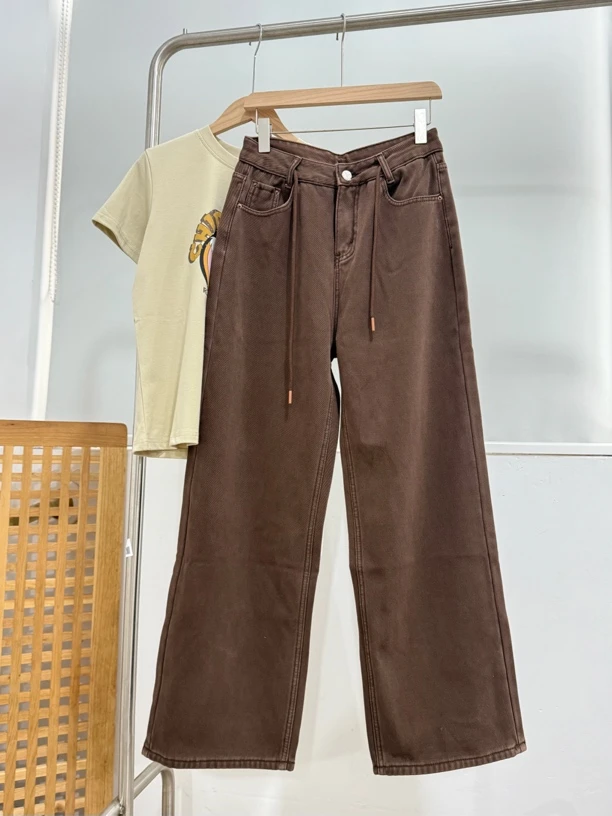 11070加绒咖色牛仔裤直筒休闲裤长裤女