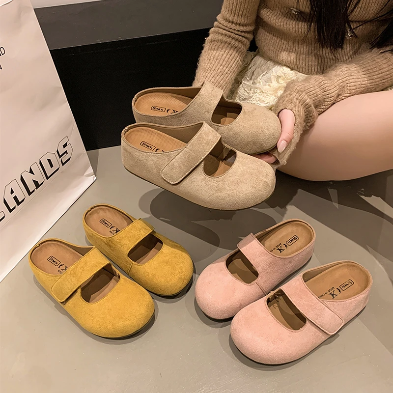 2025新款春季玛丽珍魔术贴一脚蹬韩系半包内增高勃肯拖鞋欧若风女