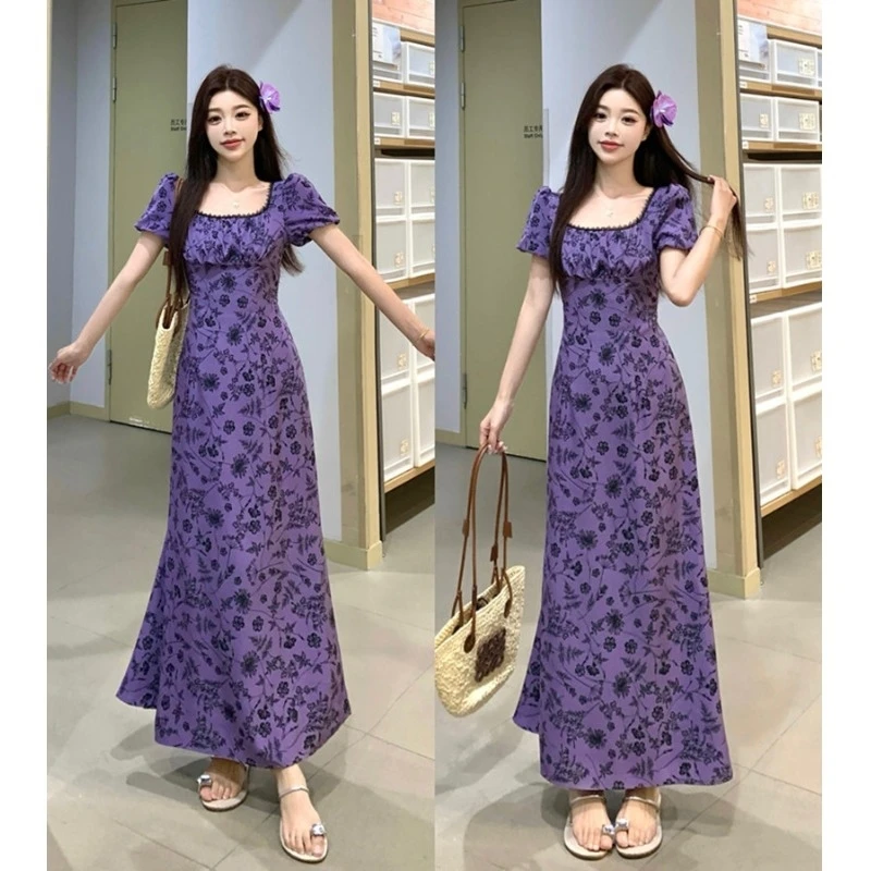 大码法式感方领连衣裙女夏季梨形身材碎花裙胖MM遮肚显瘦裙子