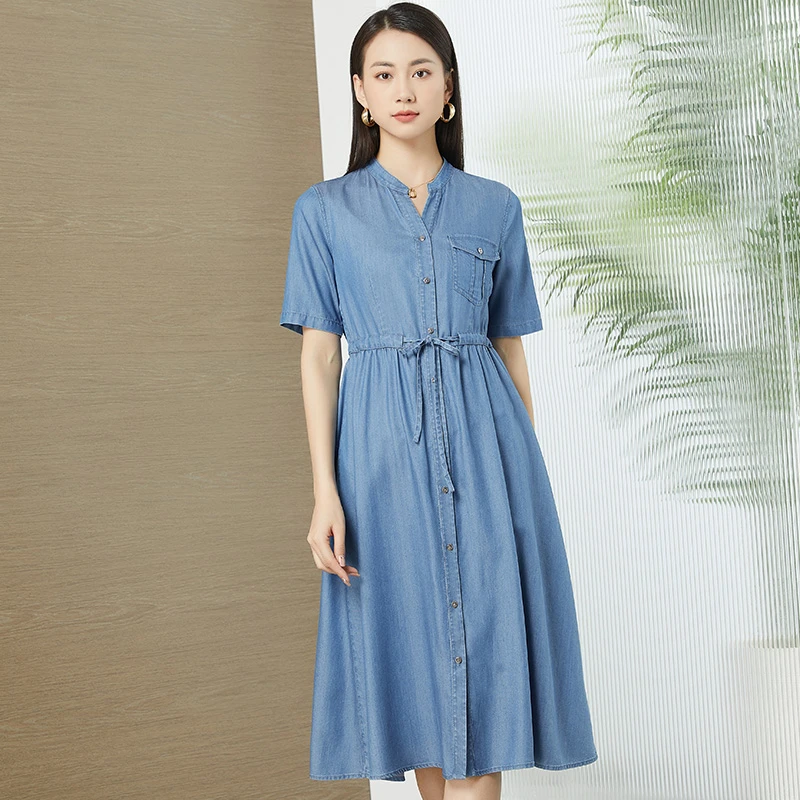 62002夏季新款气质抽绳收腰显瘦防晒醋酸莱赛尔牛仔连衣裙女长裙