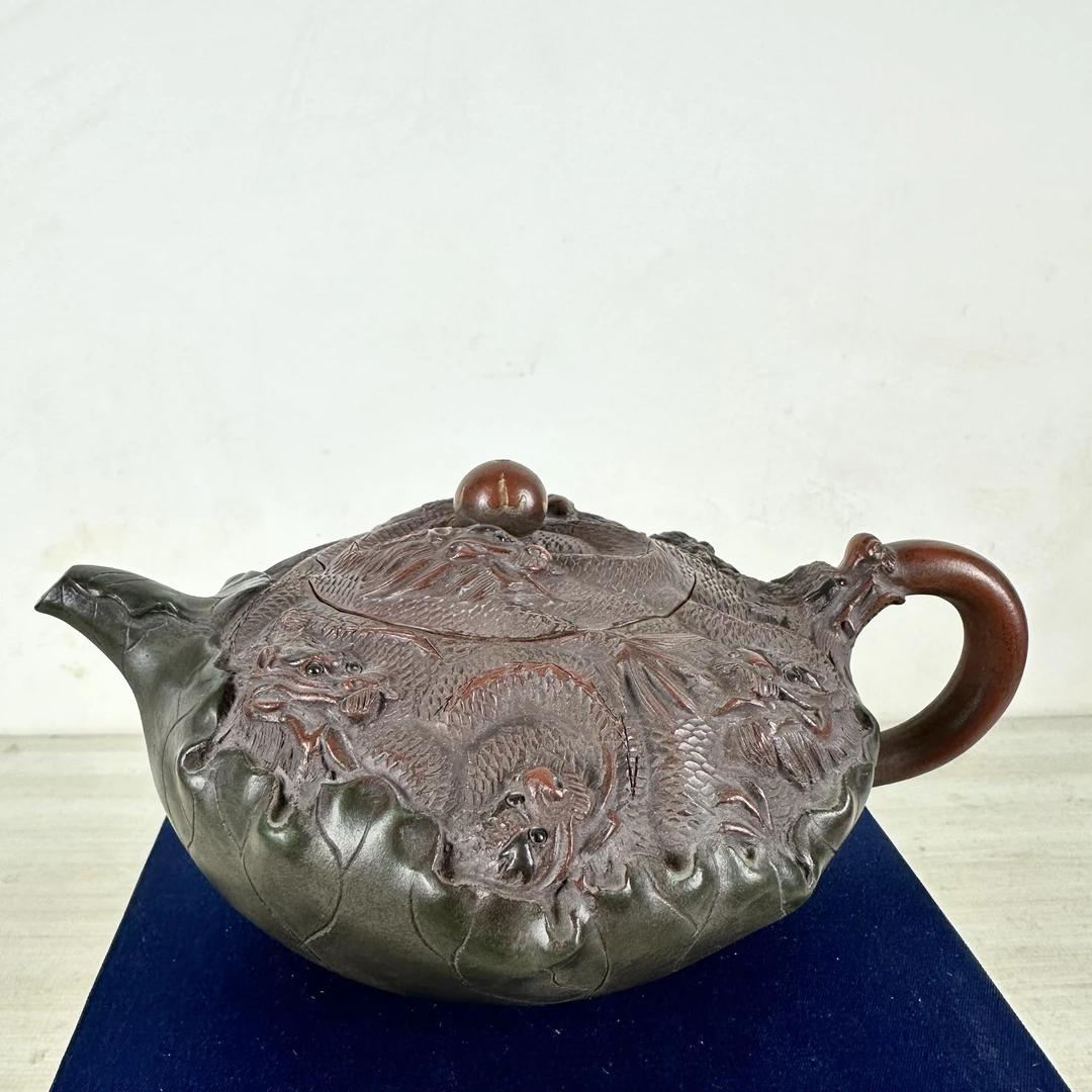 回流九龙合欢紫砂壶400cc长18厘米直径9厘米高9厘米红泥9孔出水