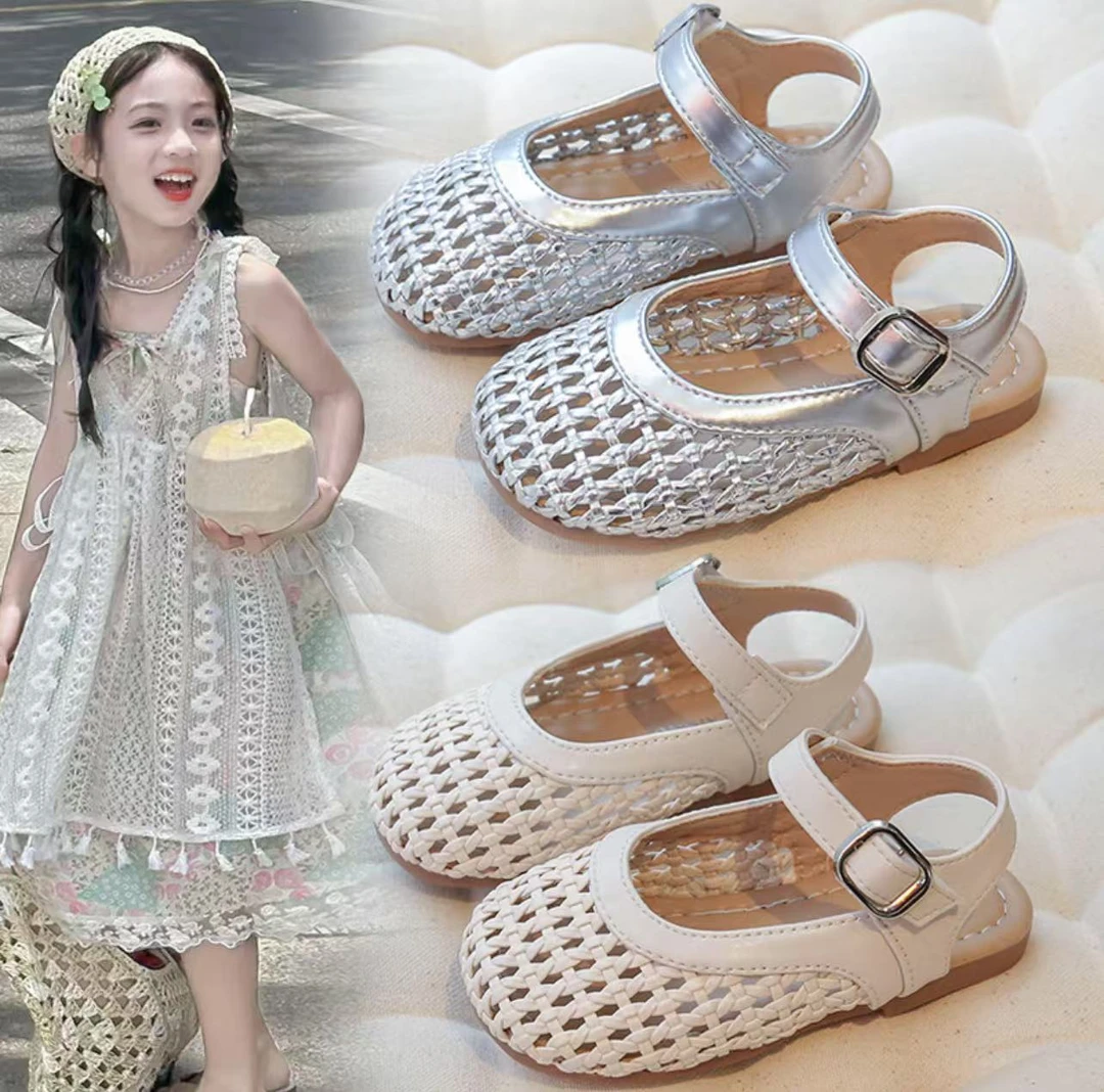 韩系女童包头凉鞋2025夏季宝宝新款编织镂空鞋软底小香风公主凉鞋