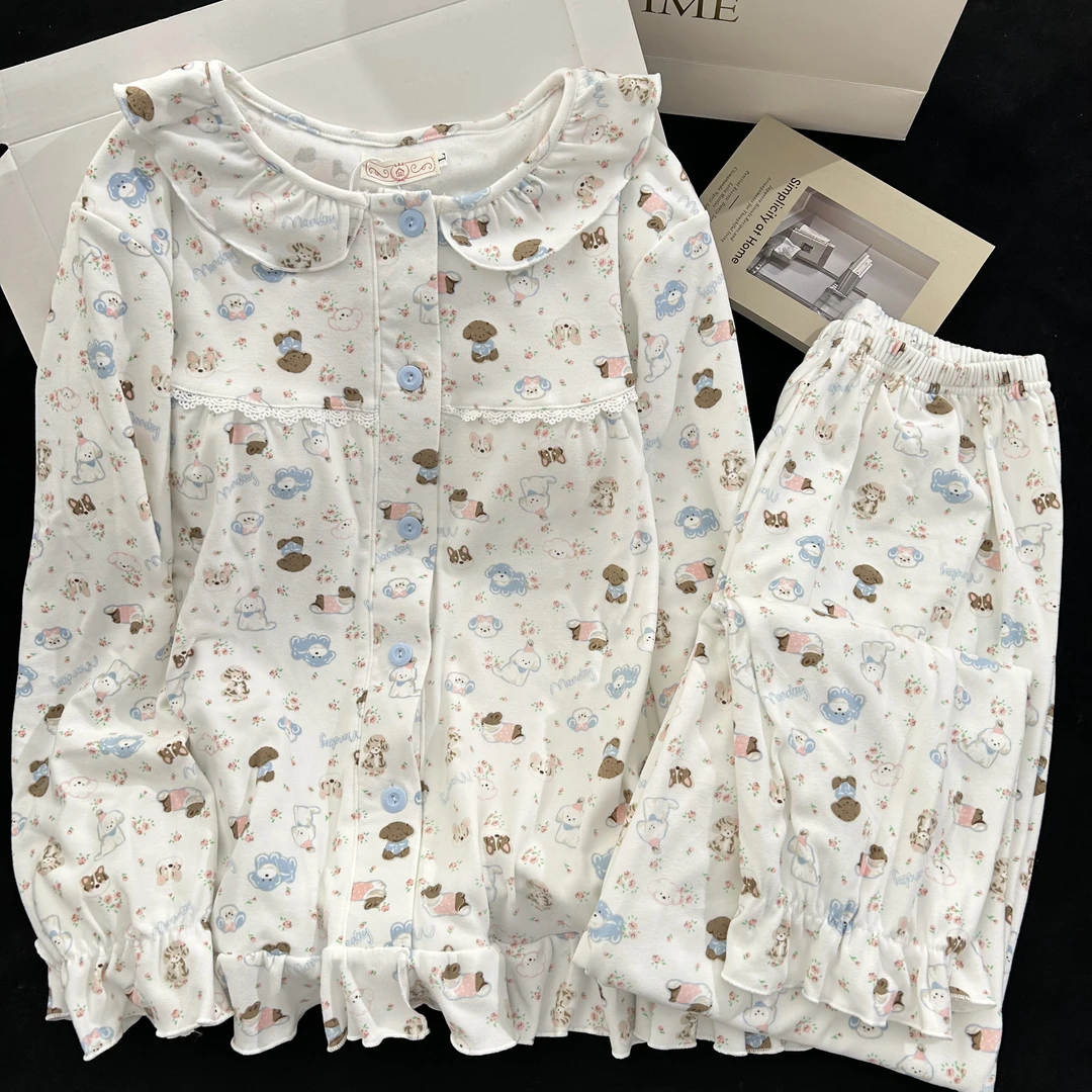 德绒·软萌可爱小狗睡衣秋冬季带胸垫甜美花边开衫长袖裤家居服套