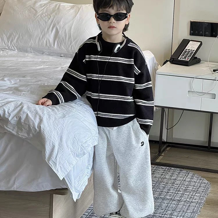 新款男童条纹秋冬季宽松圆领打底衫针织衫上衣中大童洋气韩版毛衣