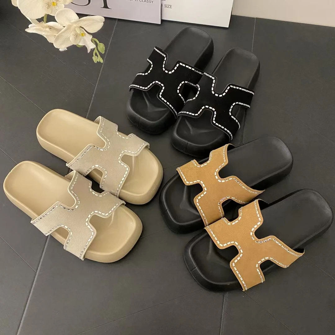 厚底水钻爆款H型凉拖鞋女2025春夏新款外穿时尚百搭增高沙滩鞋