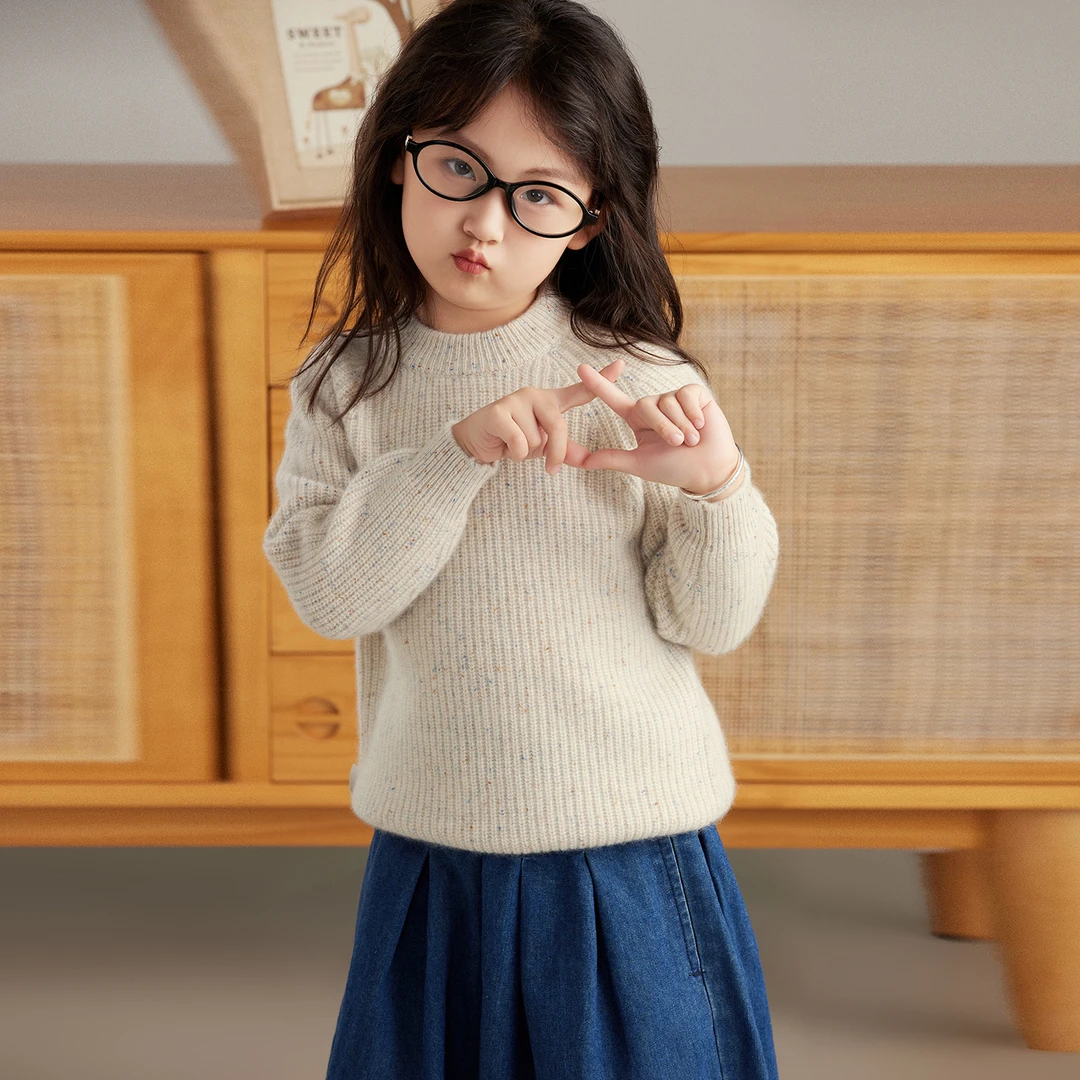 100%山羊绒儿童羊绒衫圆领男女中大童宽松彩点纱重磅加厚毛衣亲子