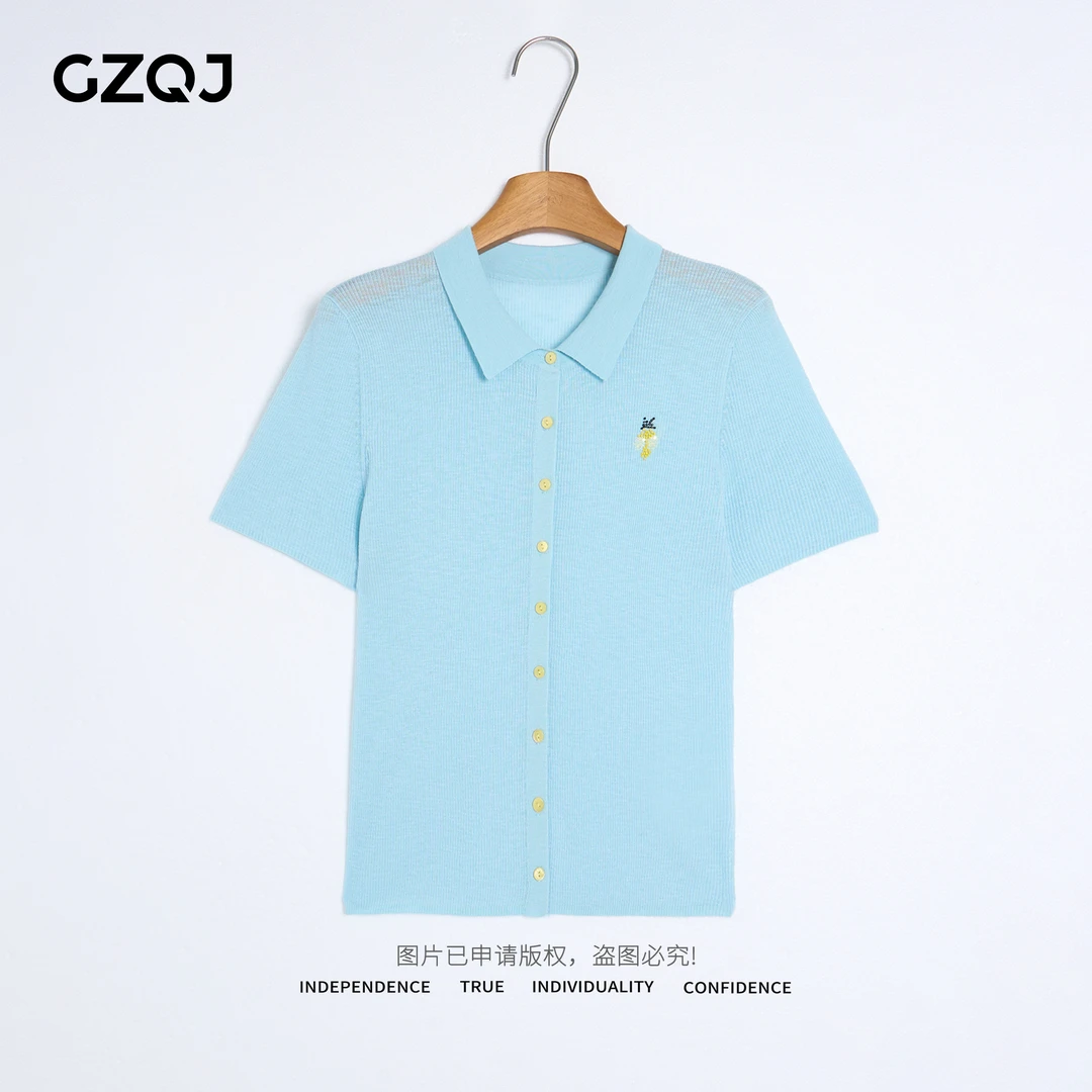 广州琴姐【25°C蓝调】欧若风刺绣小标翻领短袖针织开衫上衣女夏9371