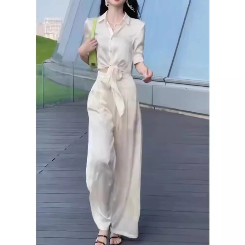 夏季新款时尚翻领系带衬衫垂感显瘦直筒阔腿裤女套装3669