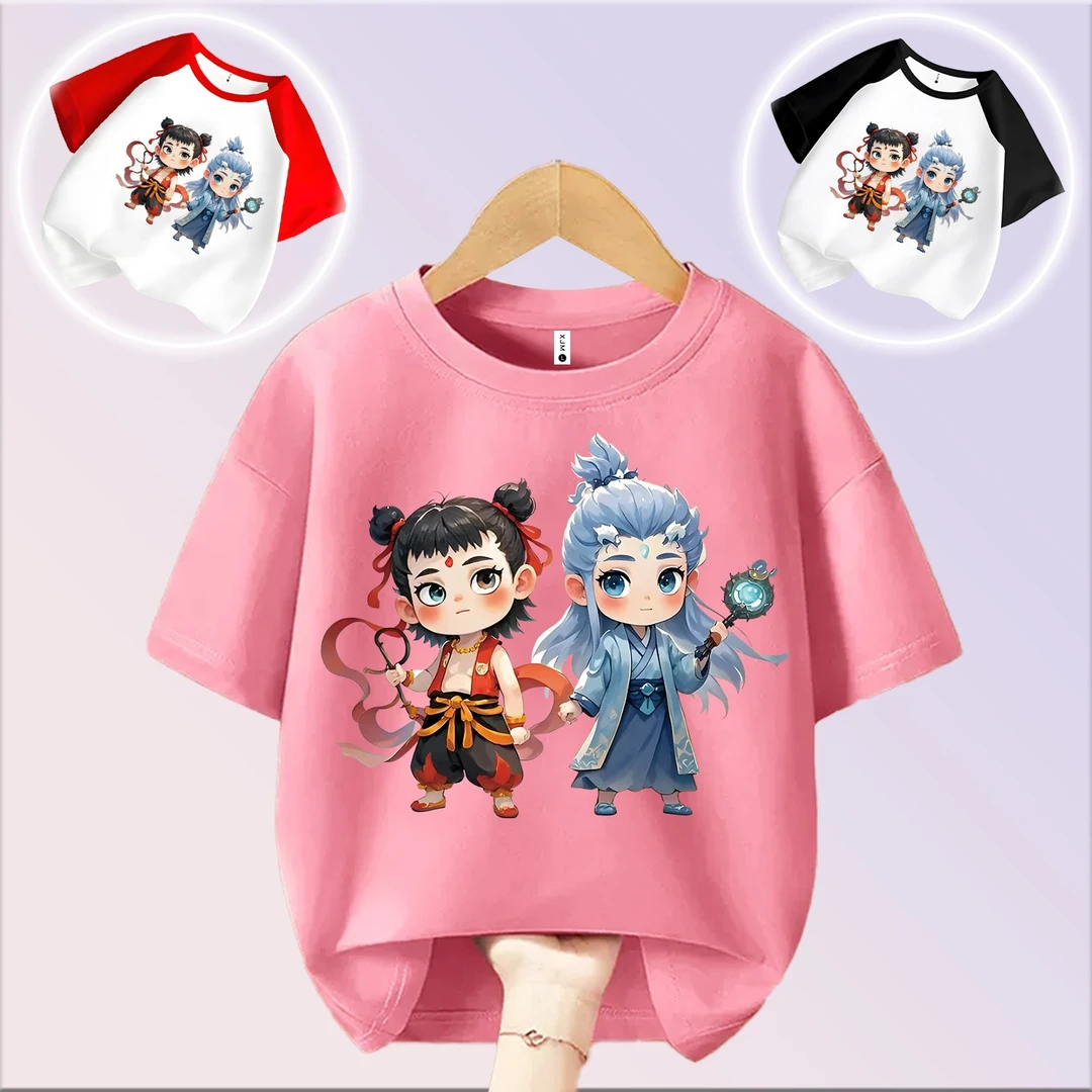 哪吒敖丙灵珠魔珠 趣味文字t恤喜居麦圆领纯棉短袖儿童出游夏季