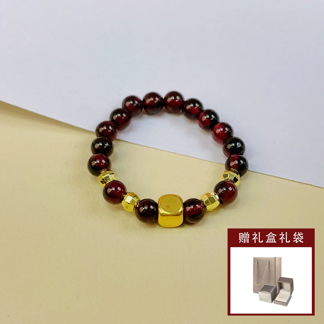 石榴石戒指足金小方糖戒子时尚轻奢女款送礼黄金送长辈经典款弹力