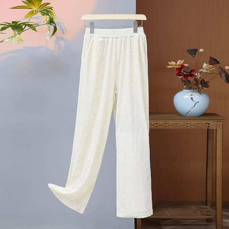 C049新中式国风复古丝绒高腰阔腿裤高级感白色软糯直筒垂感裤子