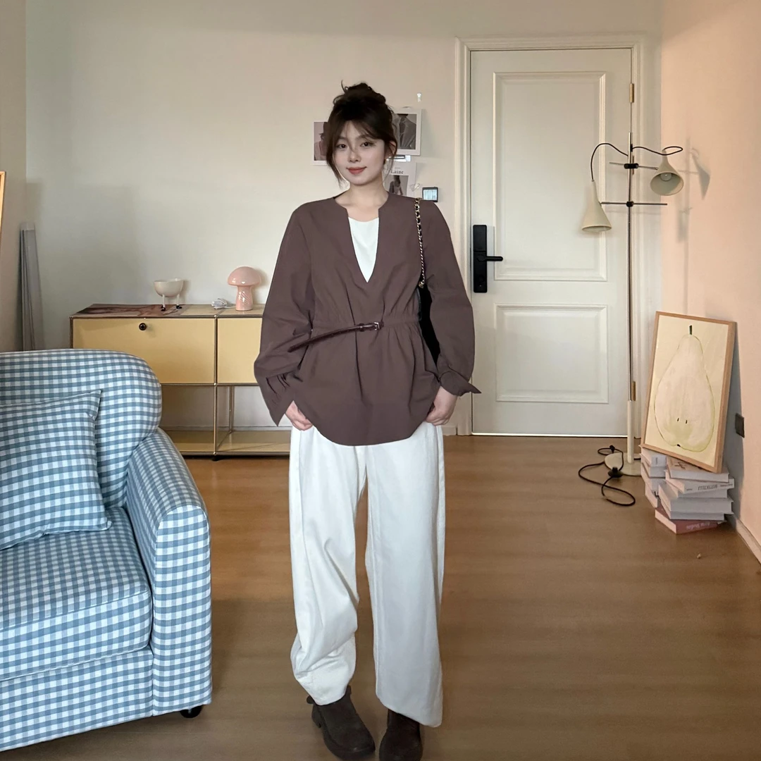 晶咕软软【纽约期刊】韩版复古港风设计感收腰假两件腰带衬衫