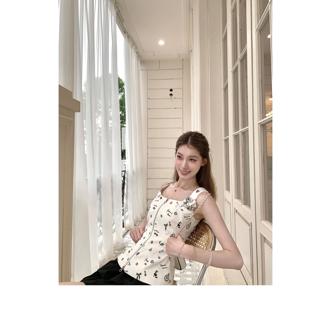 SourceWithU6.20玛黑区午后100棉原创印花经典巴黎黑白背心半身裙