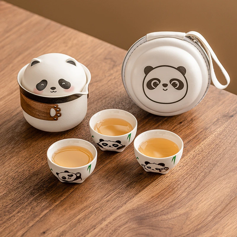 户外露营旅行茶具套装便携式茶水分离陶瓷茶壶茶杯收纳包一壶三杯