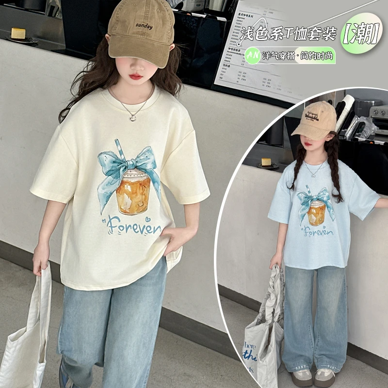 【允恬】女童套装夏装2025新款洋气T恤女孩夏季薄款牛仔裤两件套潮