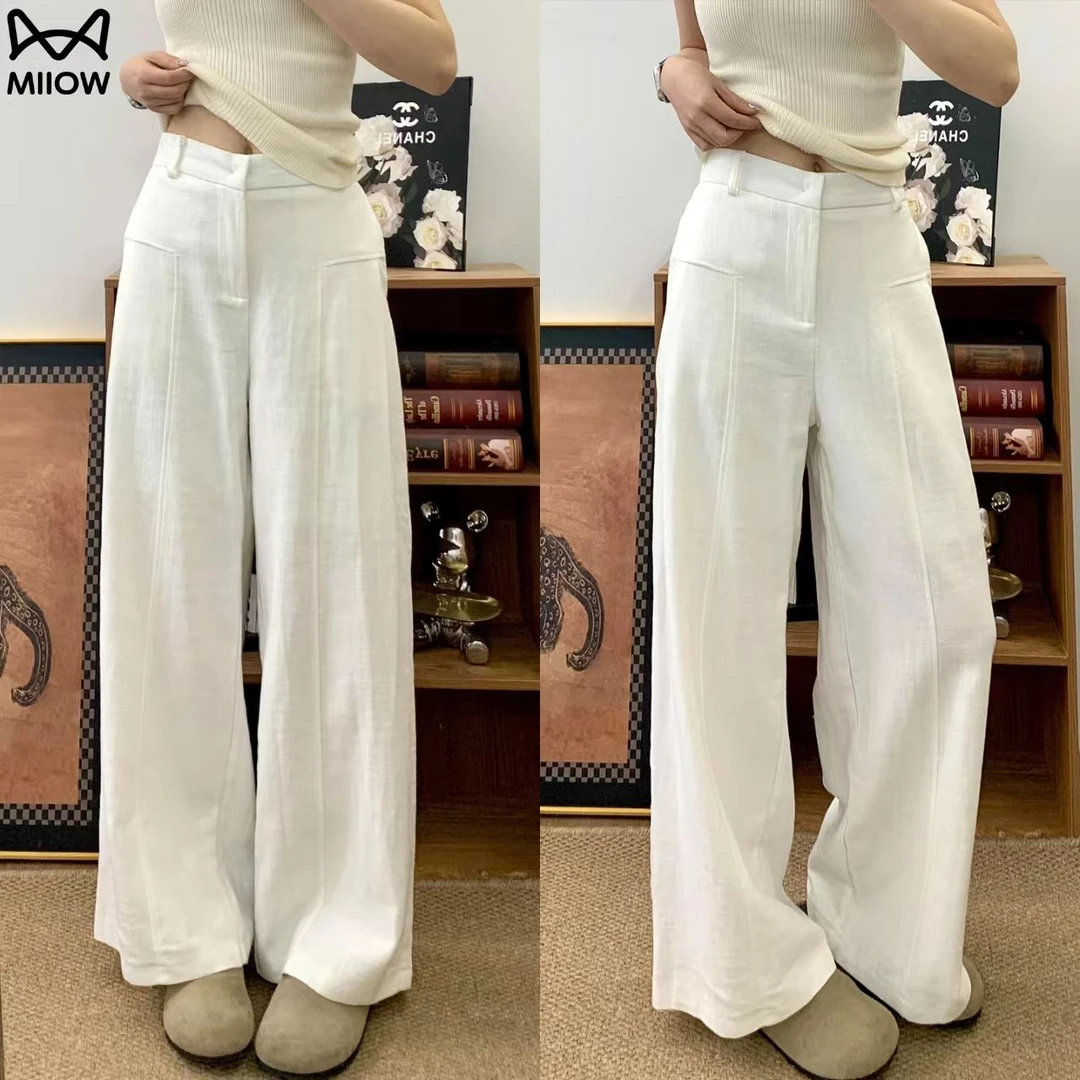 猫人白色棉麻西装裤女夏薄款2025新款高腰休闲宽松bf慵懒风阔腿裤