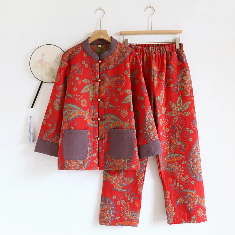 【锦喜高定】冬款加厚提花棉工艺家居服睡衣对开襟长袖长裤套装