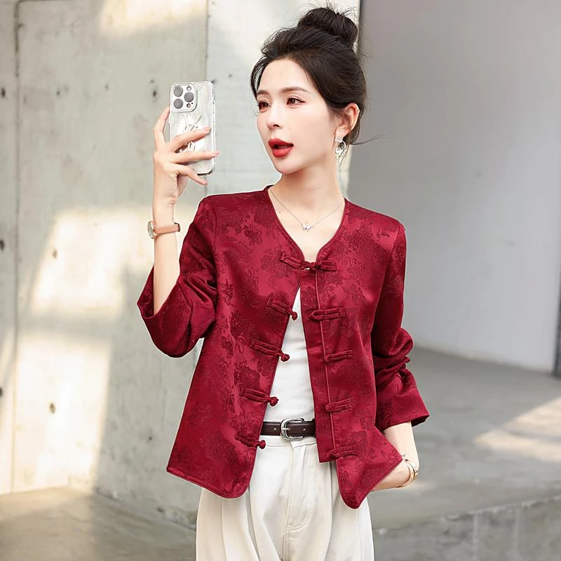 新中式国风唐装上衣女2025春装新款气质复古红色盘扣缎面提花外套
