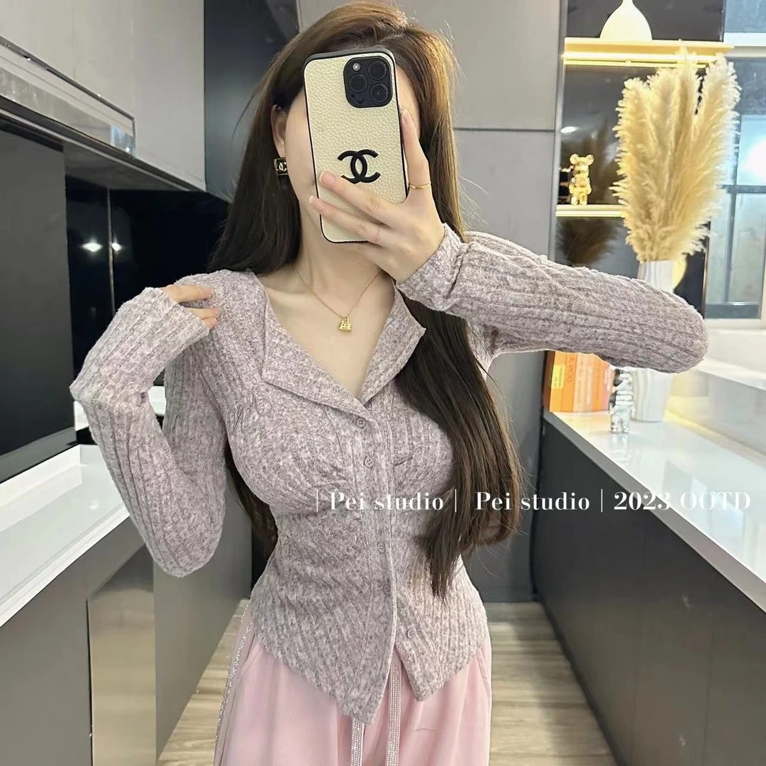 【法式翻领】纯欲辣妹针织开衫女设计感小众收腰修身显瘦上衣