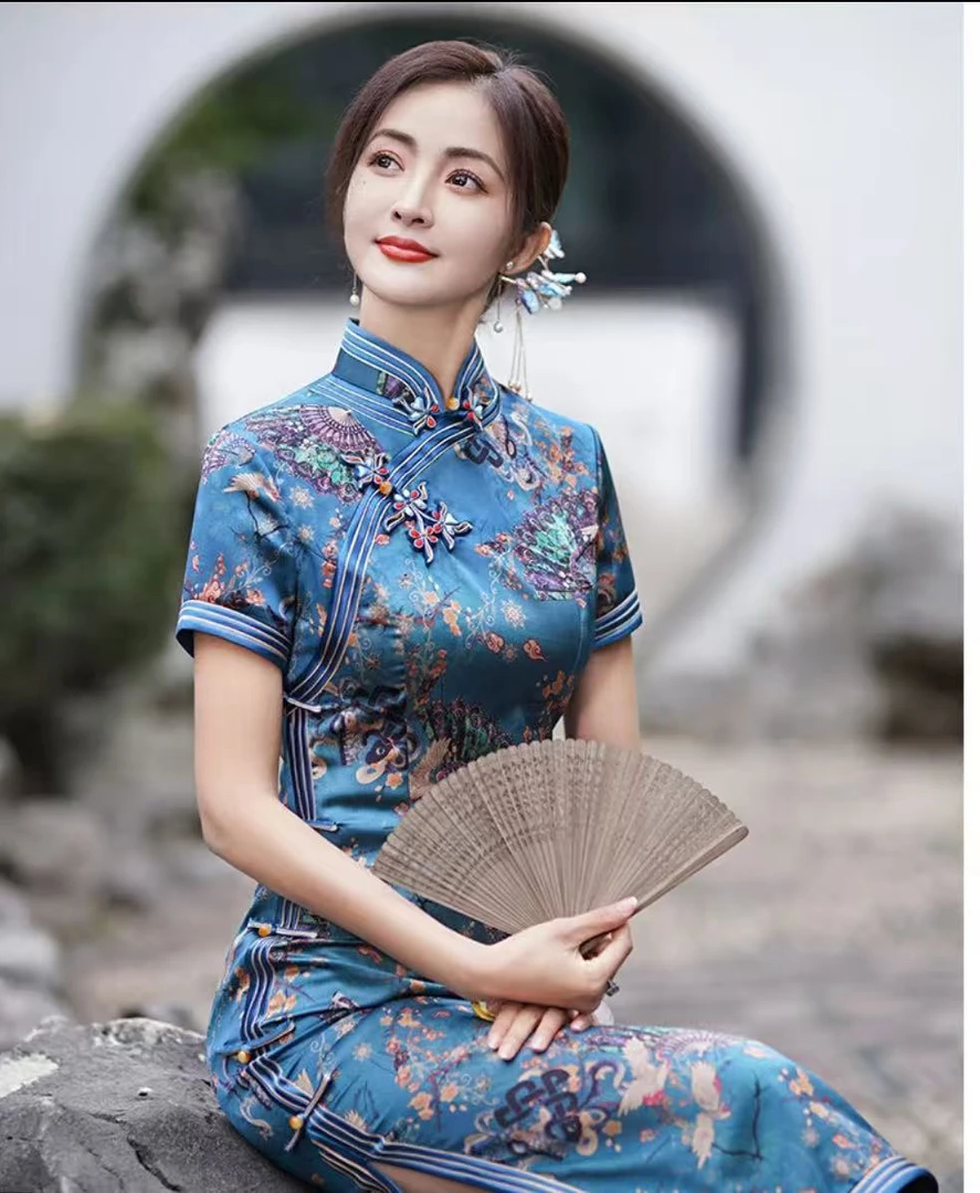 8778-「遇蓝」新款蓝色印花国风改良旗袍夏中长款日常修身复古优雅