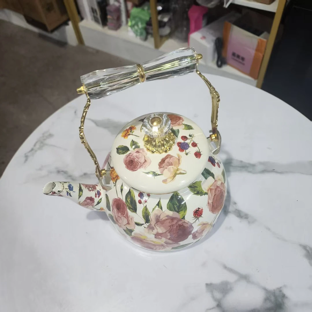 外贸品质花鸟珐琅搪瓷烧水壶茶壶鸣笛壶电磁炉通用