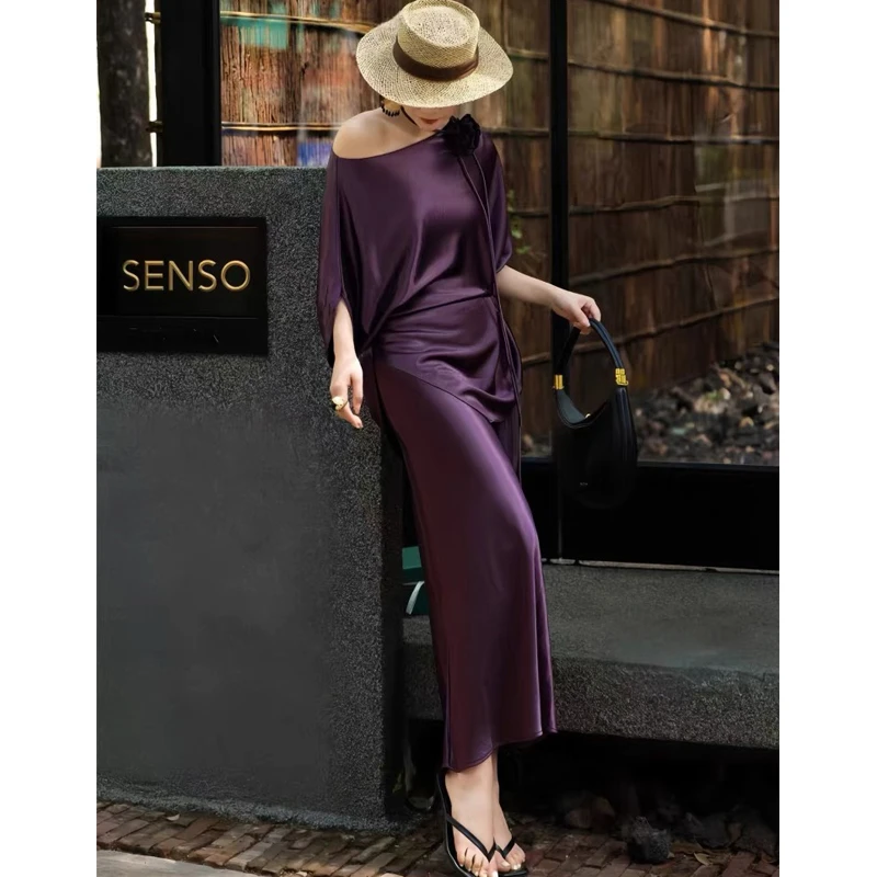 2025春夏法式女人味紫色高级感醋酸缎蝙蝠袖上衣半身裙套装954
