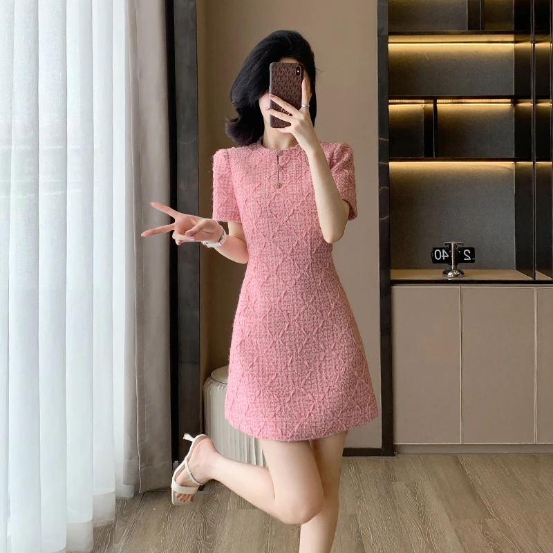 夏季新款法式小香风短袖连衣裙女轻奢高级感名媛气质甜美粉色短裙