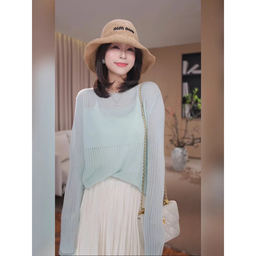 秋季新款慵懒风高级感薄款上衣短款气质长袖镂空休闲宽松针织衫女