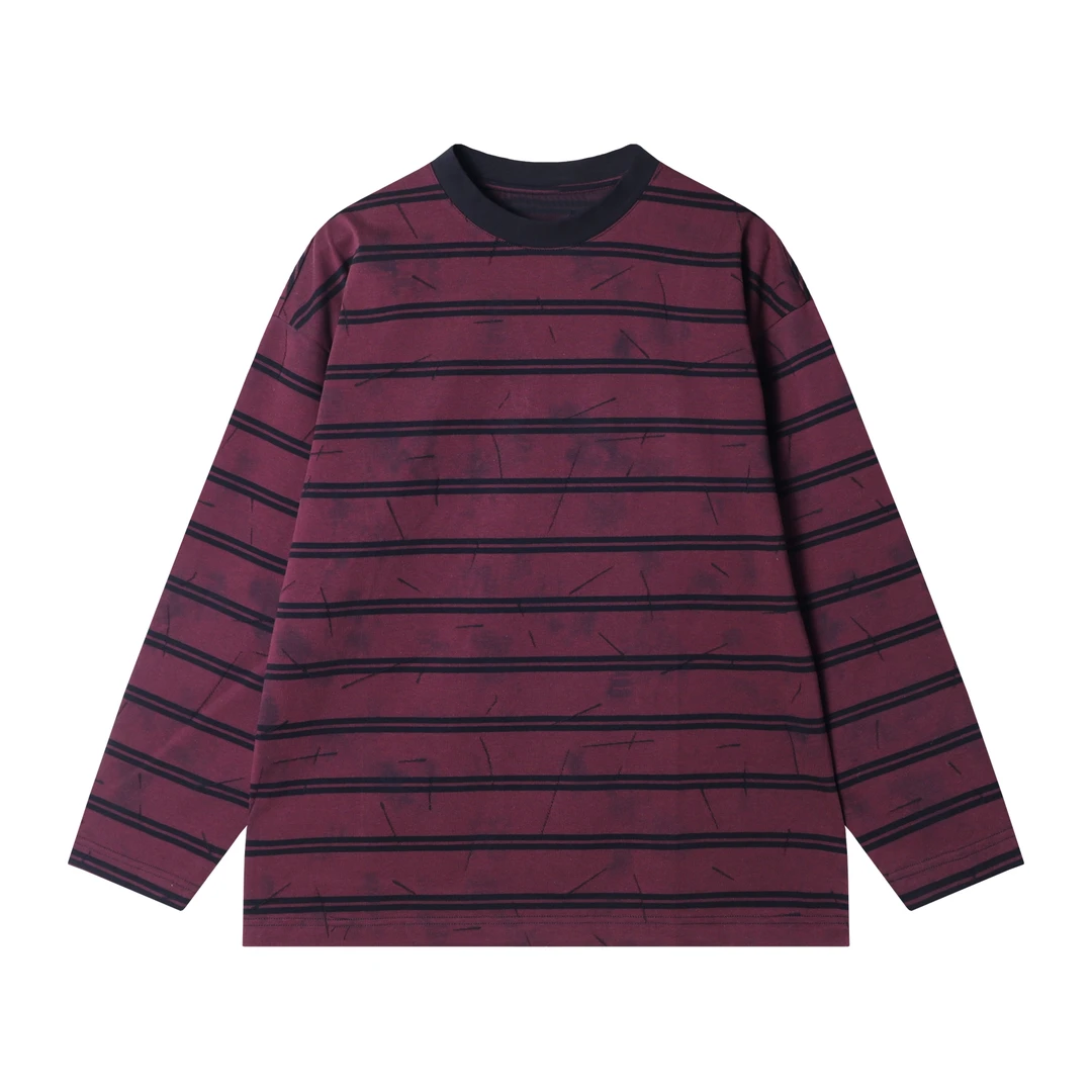 早春新款时尚个性港风扎染条纹圆领长袖T恤休闲百搭情侣套头上衣