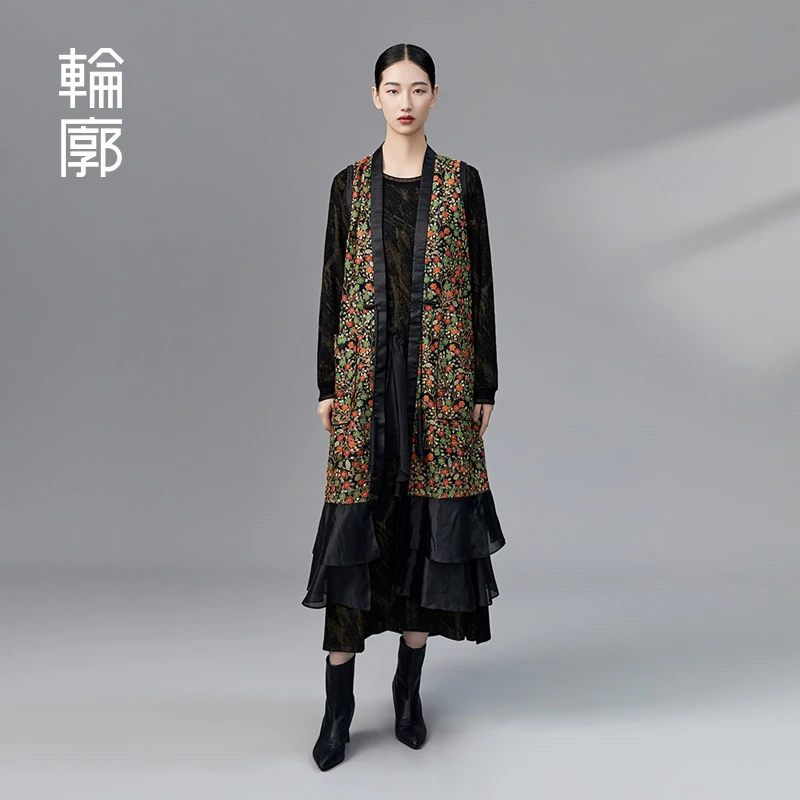 轮廓南红叠翠复古网纱绣花马甲田园风中长款叠穿中式马夹L233Y033