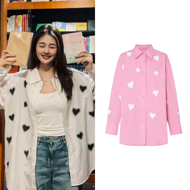 5155【M】2024夏新品晕染爱心光感涂层棉质中性衬衫女士长袖