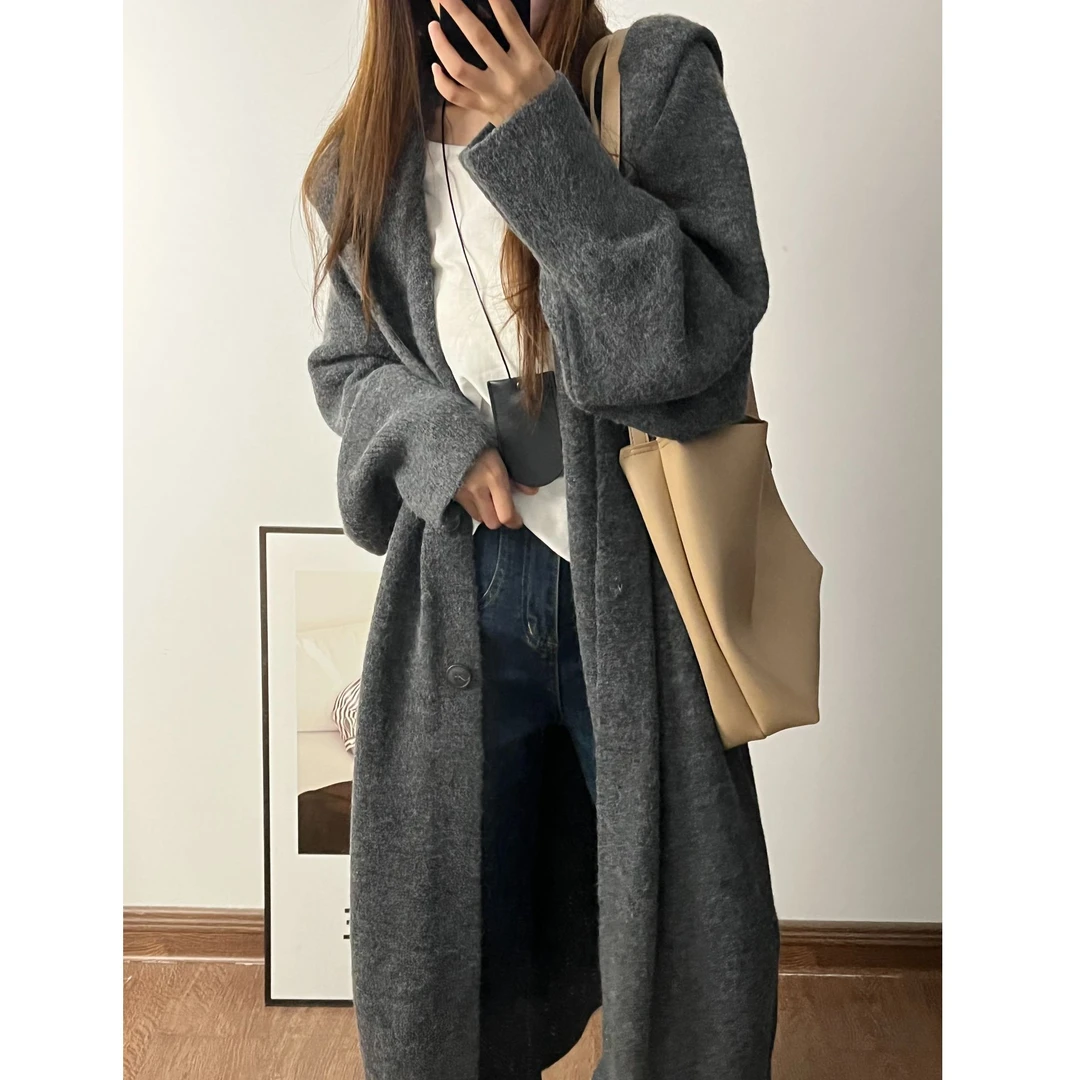 2025秋冬新款长毛衣开衫长款针织衫大码连帽百搭慵懒风韩版外套女