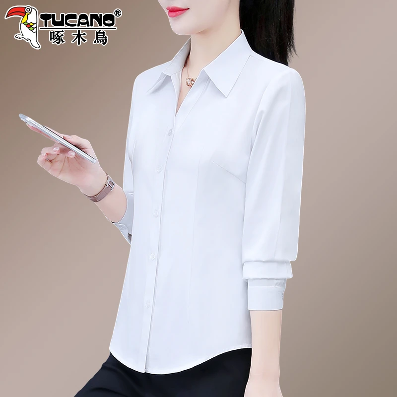 啄木鸟白色衬衫女长袖2025新款春秋通勤正装职业工作服女士白衬衣