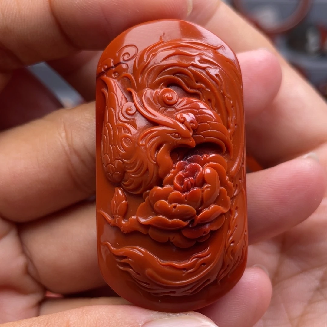 南红玛瑙未镶嵌珠宝奇石凤凰戏牡丹吊坠