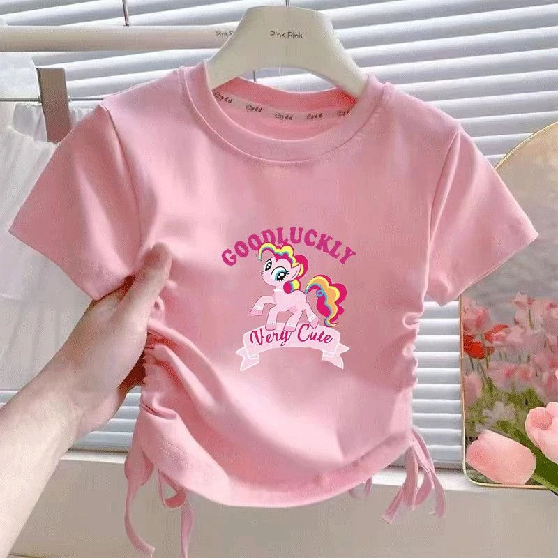 夏季新款女童韩范宽松纯棉背心上衣中大童小马宝莉t时髦抽绳上衣t