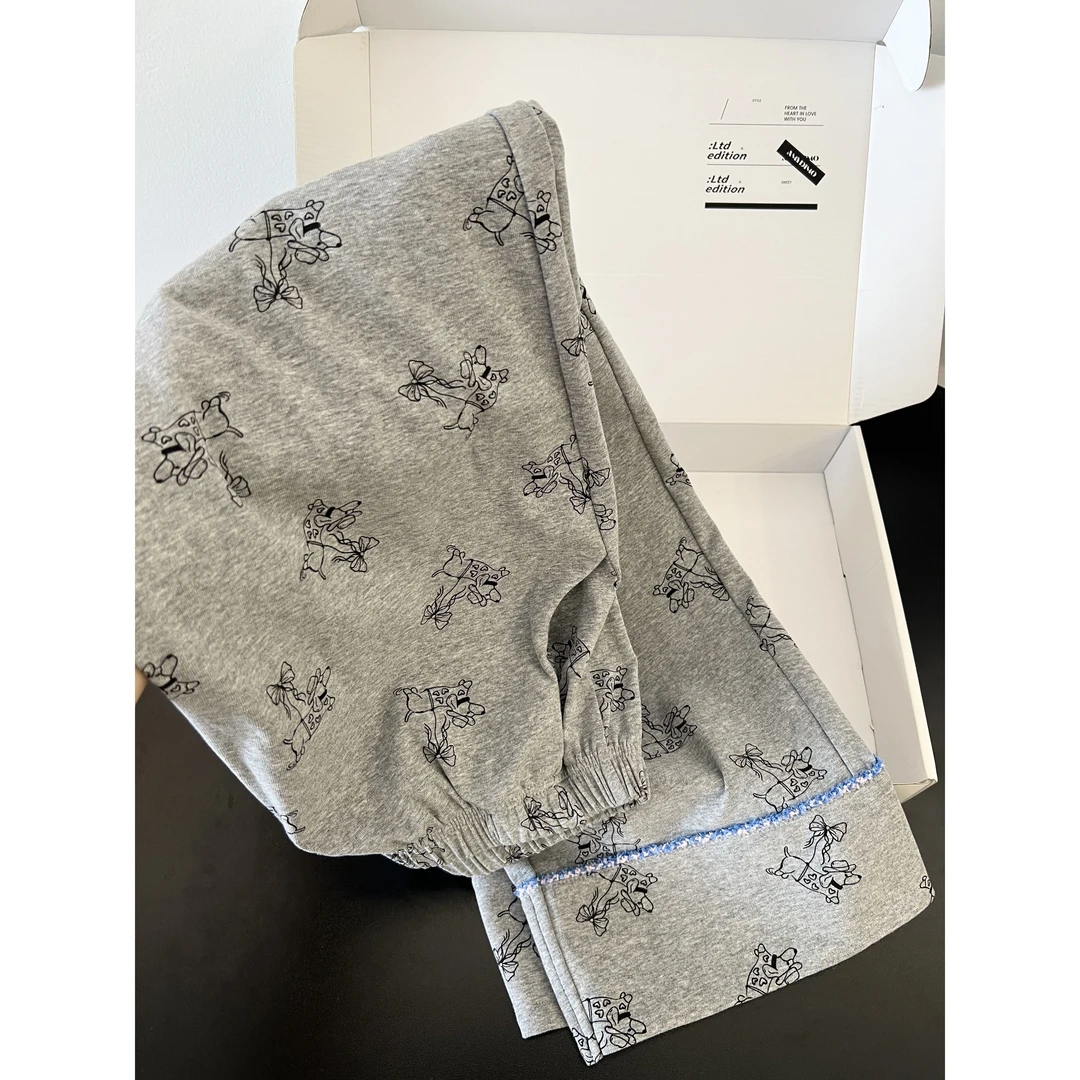 甜美可爱简约卡通小狗睡衣女春秋季新款长袖长裤家居服套装可外穿