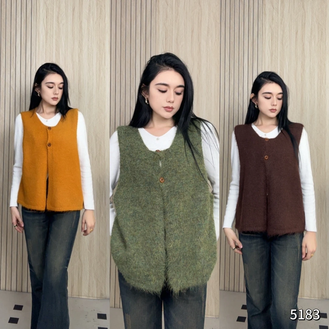 慵懒风软糯两粒扣毛衣马甲开衫女宽松针织背心马夹YF5183